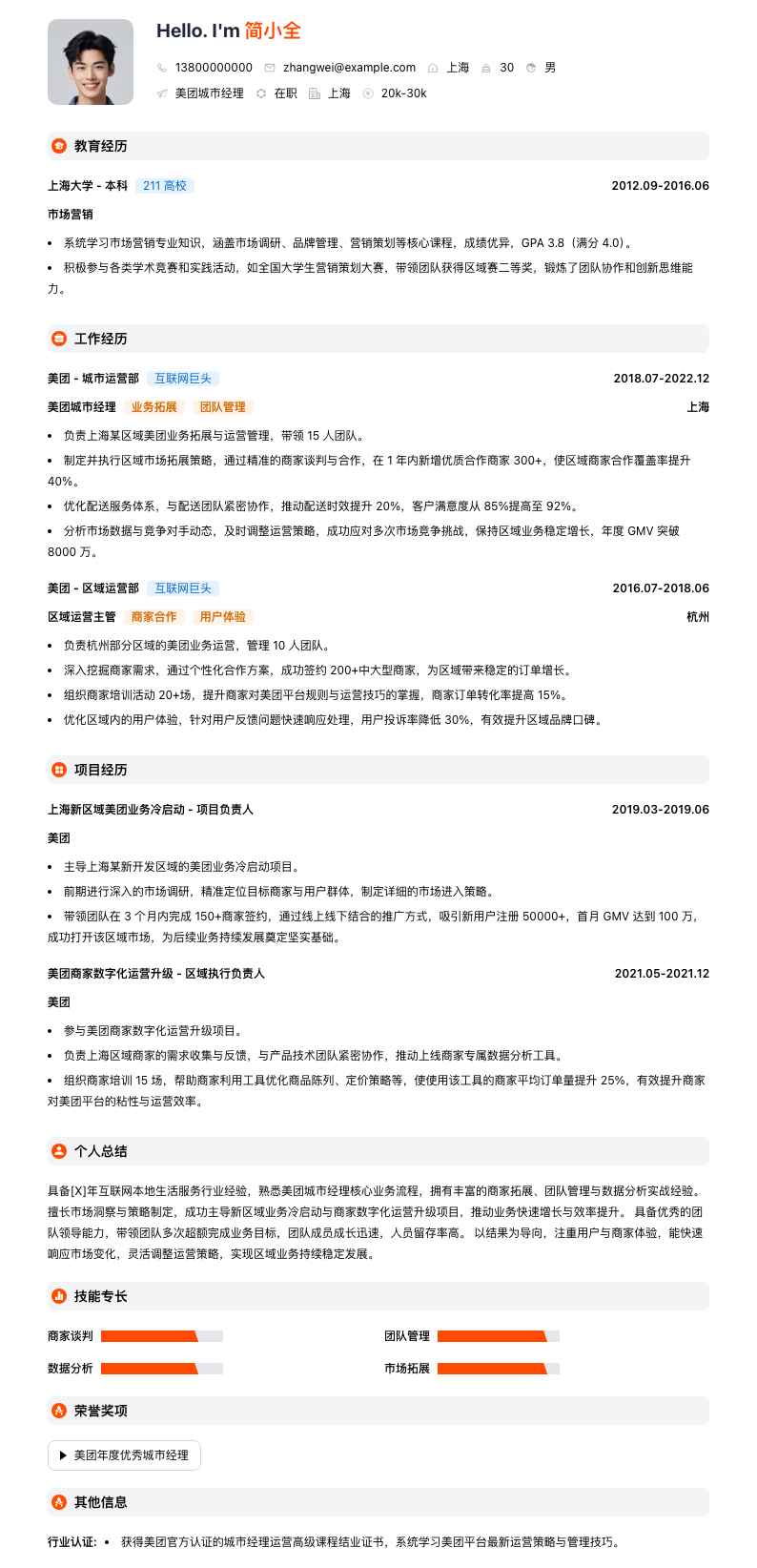 美团城市经理简历模板