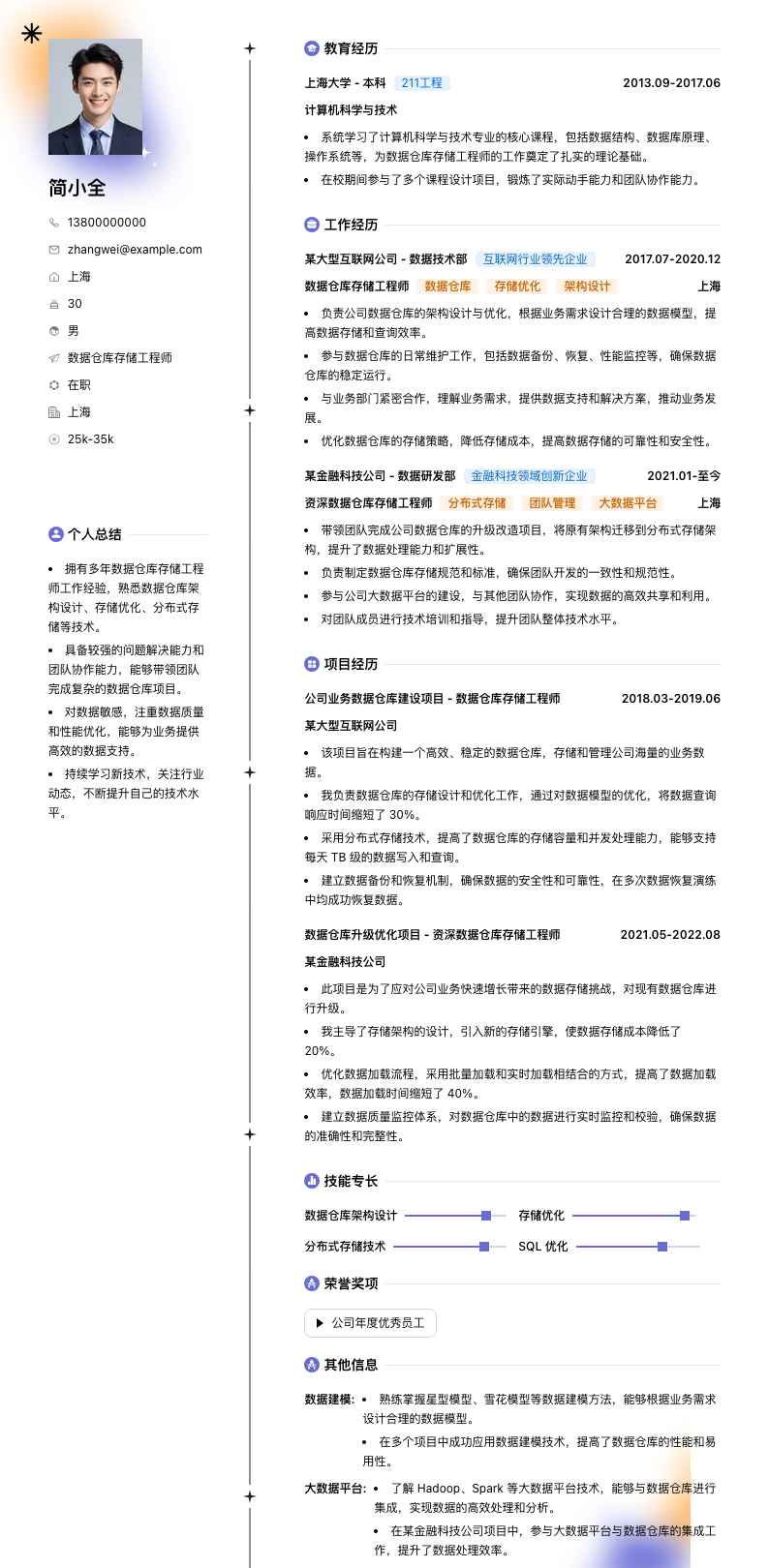 数据仓库存储工程师简历模板
