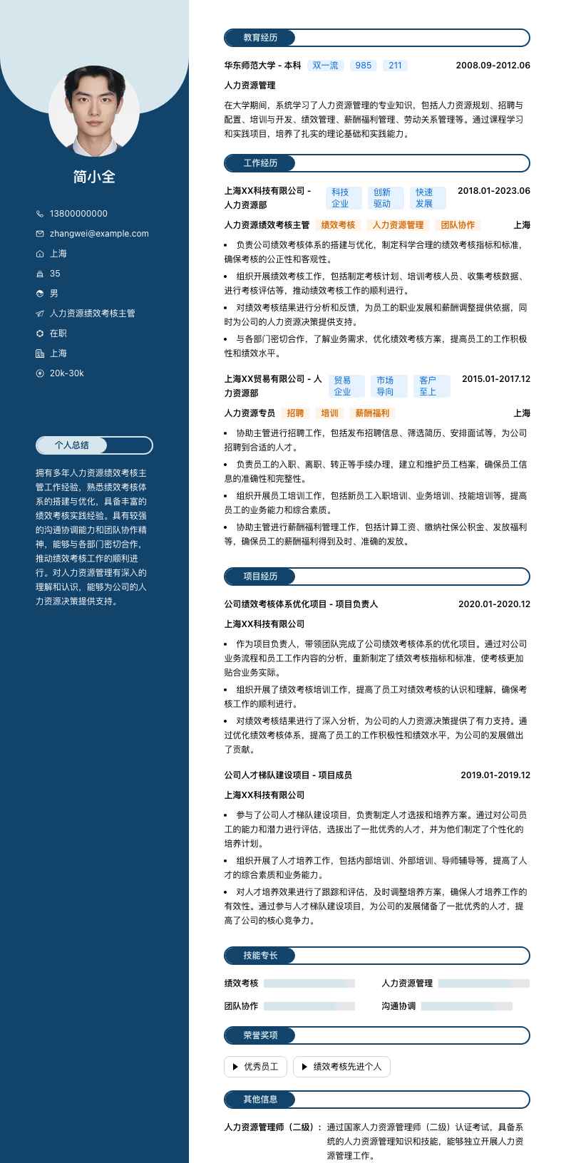 人力资源绩效考核主管简历模板