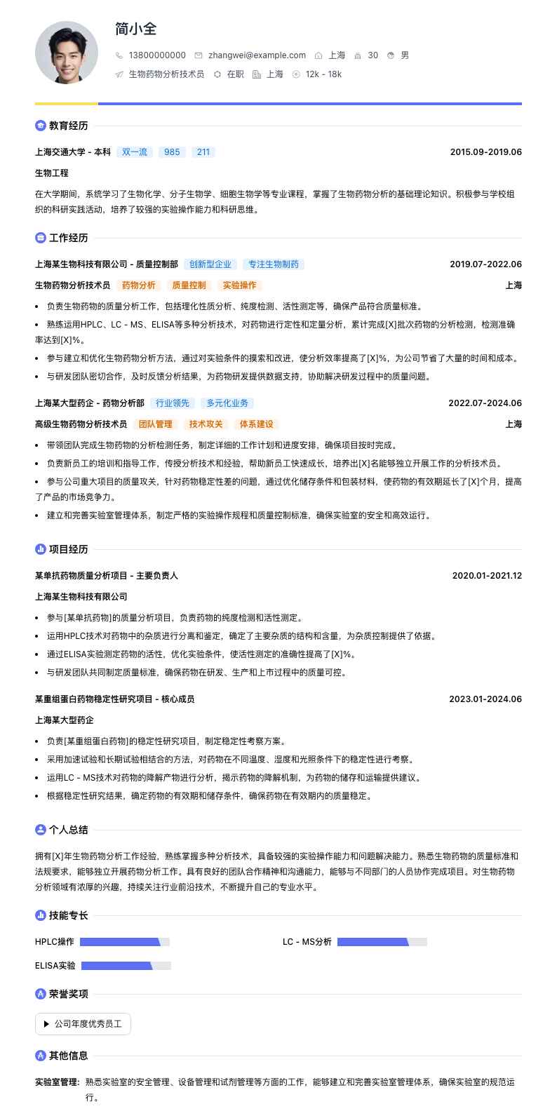 生物药物分析技术员简历模板