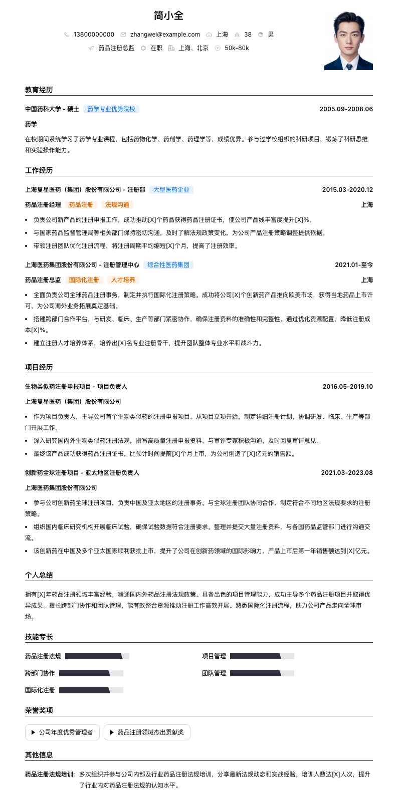 药品注册总监简历模板