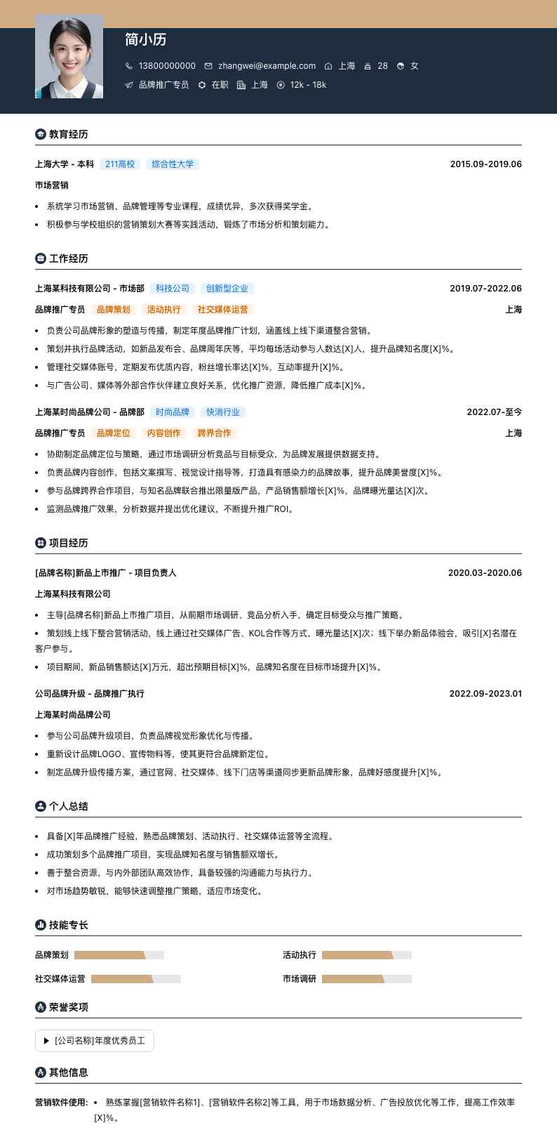 品牌推广专员简历模板