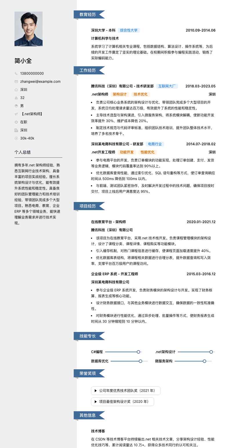 .net架构师简历模板