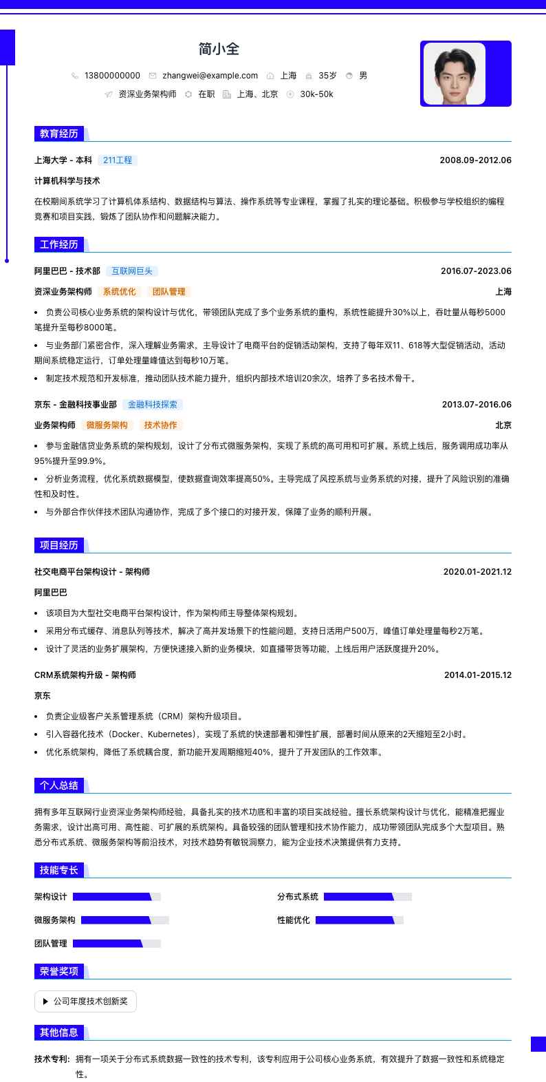 资深业务架构师简历模板