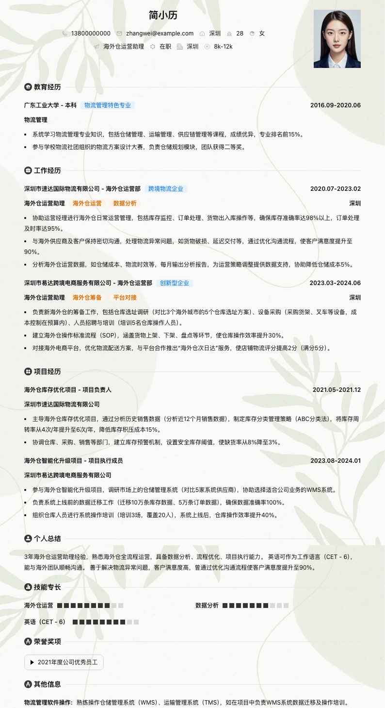 海外仓运营助理简历模板