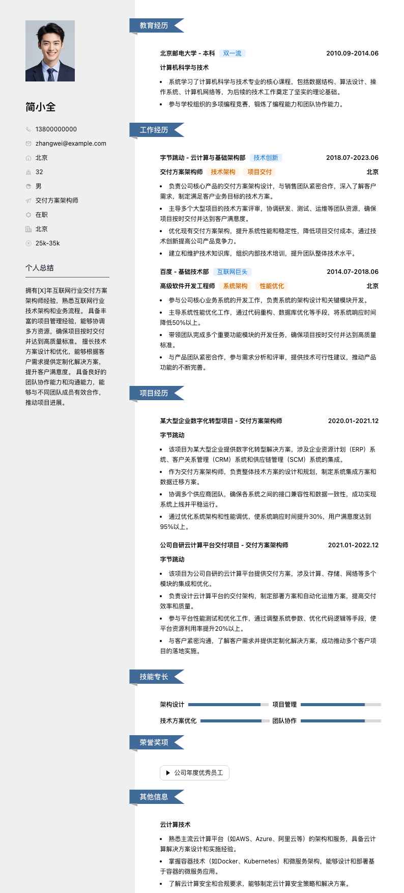 交付方案架构师简历模板