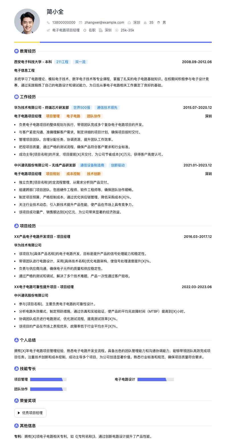 电子电路项目经理简历模板