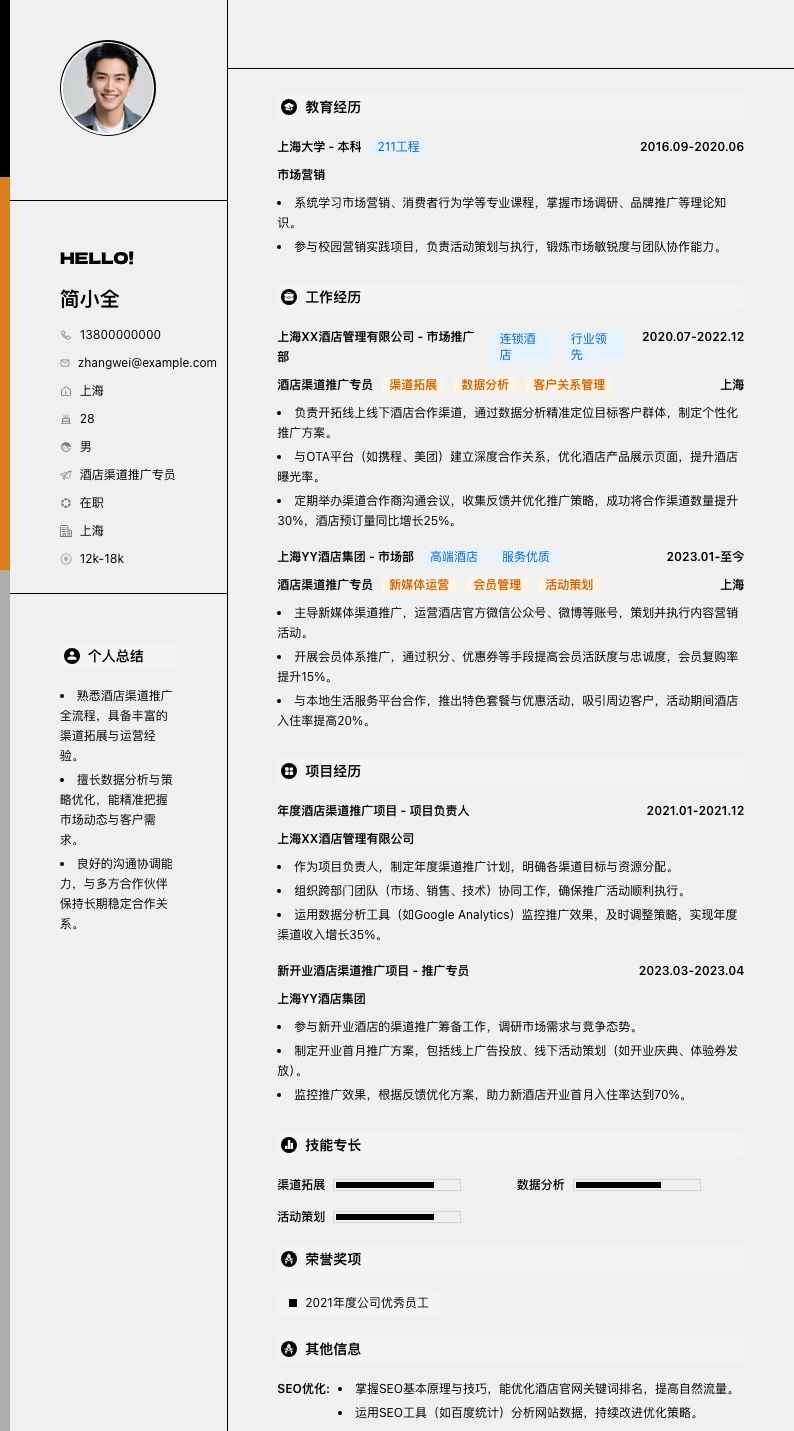 酒店渠道推广专员简历模板