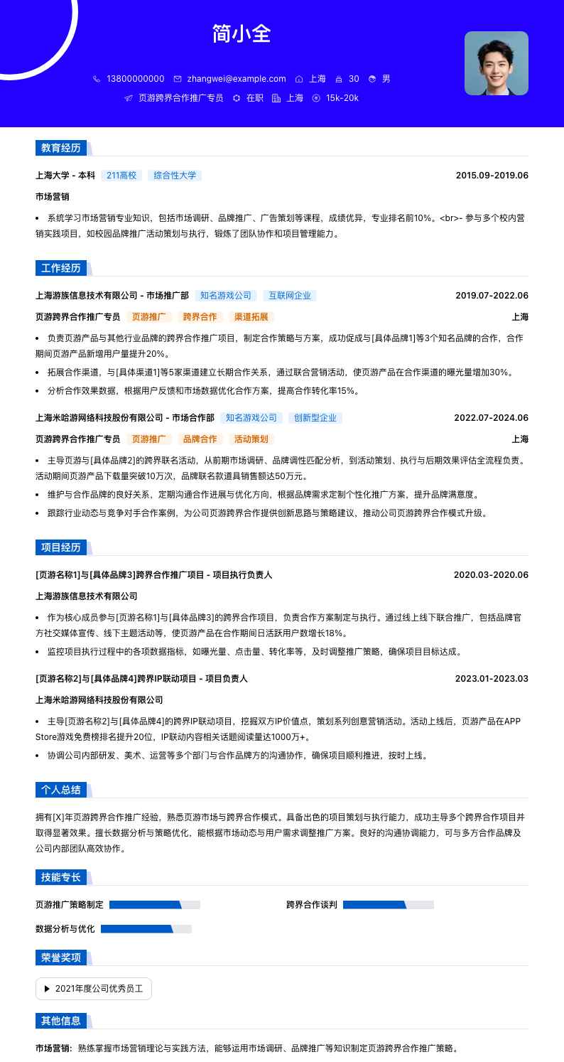 页游跨界合作推广专员简历模板