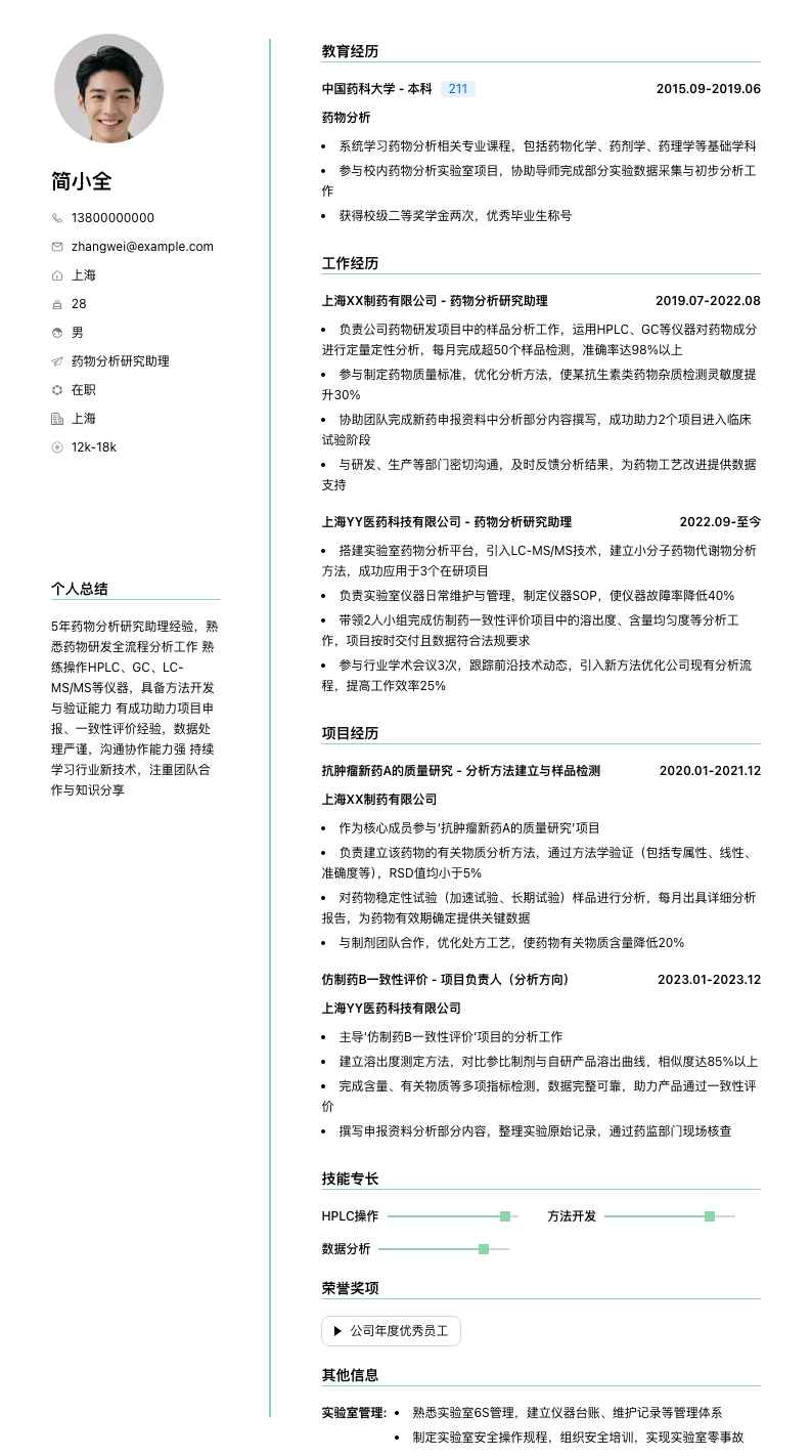 药物分析研究助理简历模板