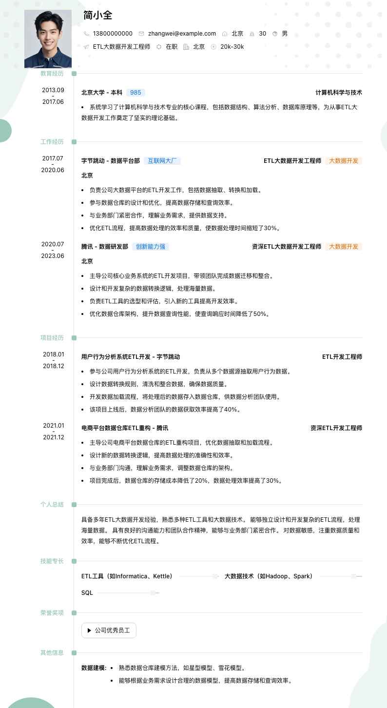 etl大数据开发简历模板