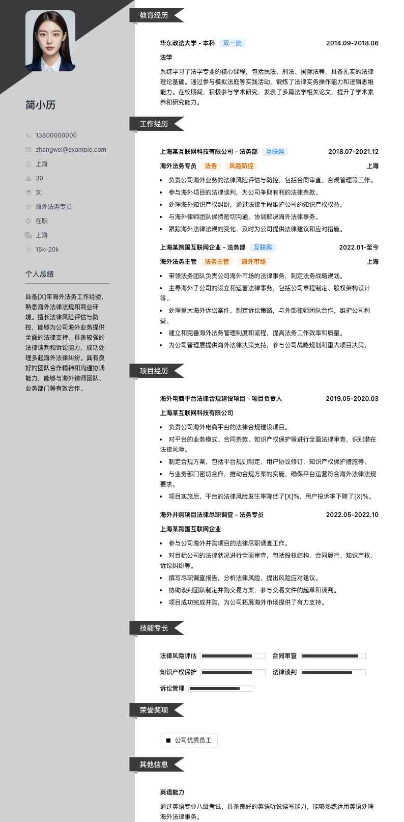 海外法务专员简历模板