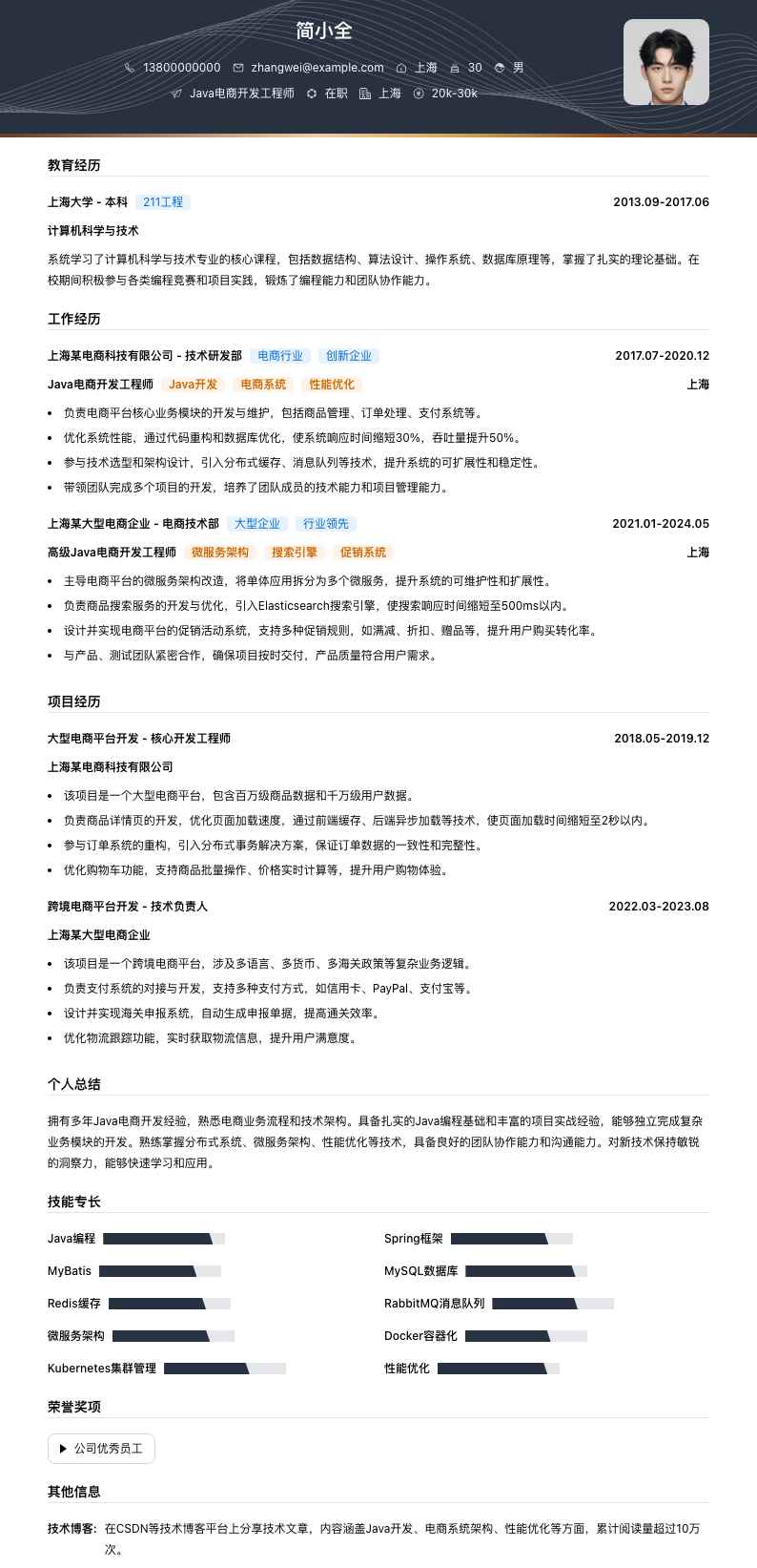 Java电商开发工程师简历模板