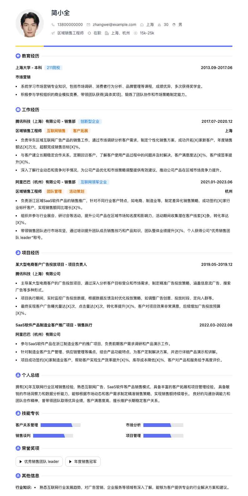 区域销售工程师简历模板