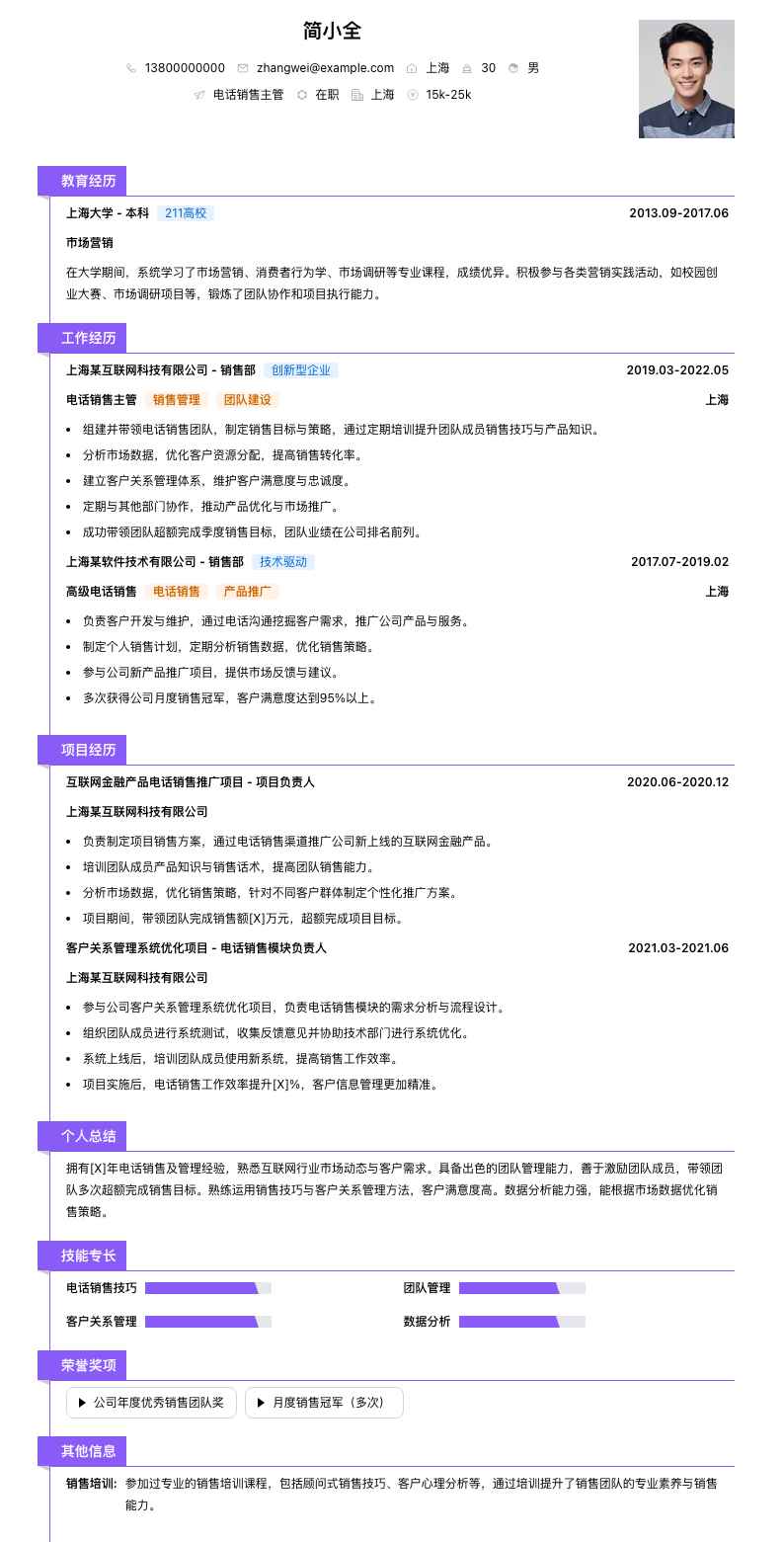 电话销售主管简历模板