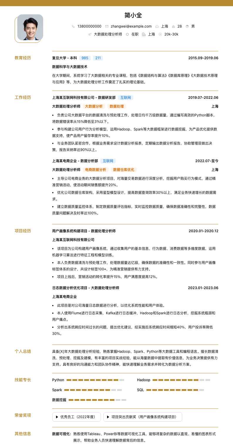 大数据处理分析师简历模板