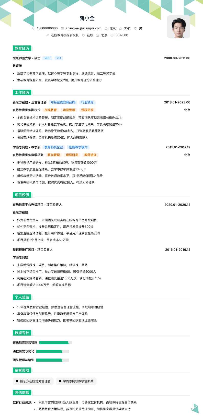 在线教育机构副校长简历模板