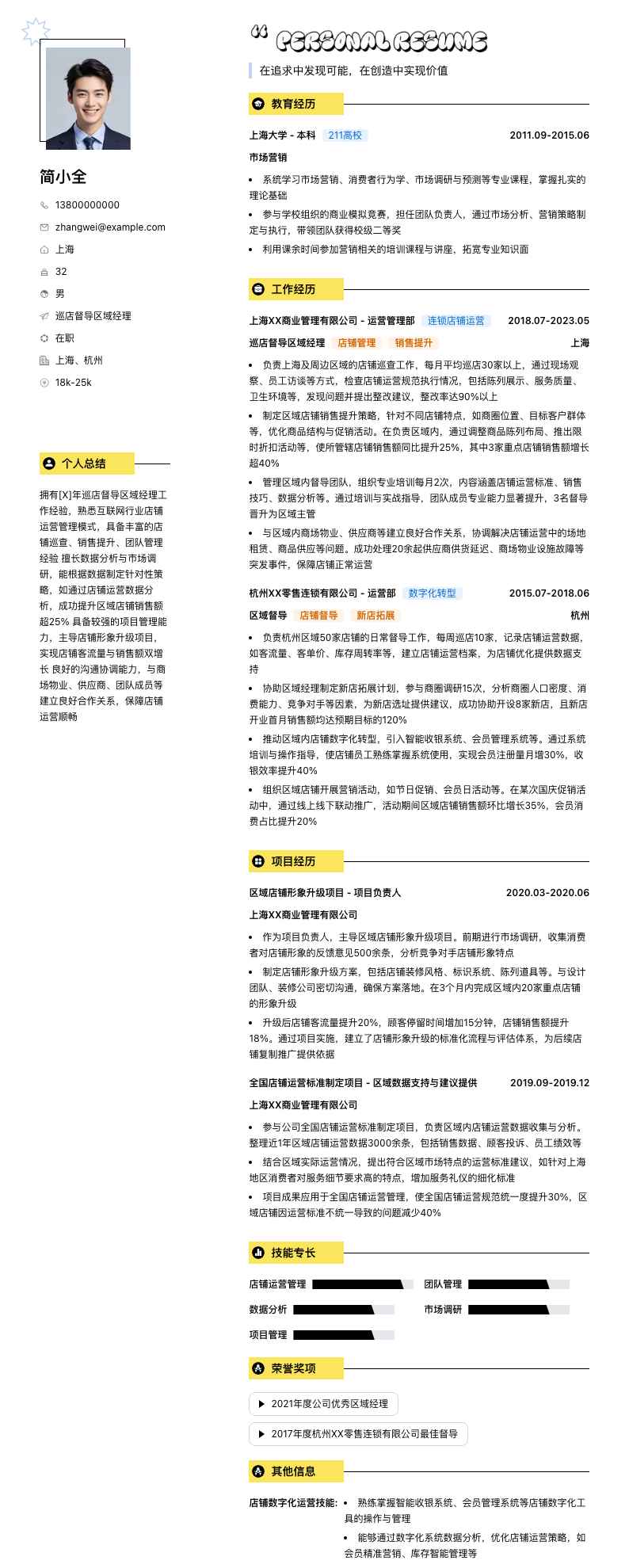 巡店督导区域经理简历模板