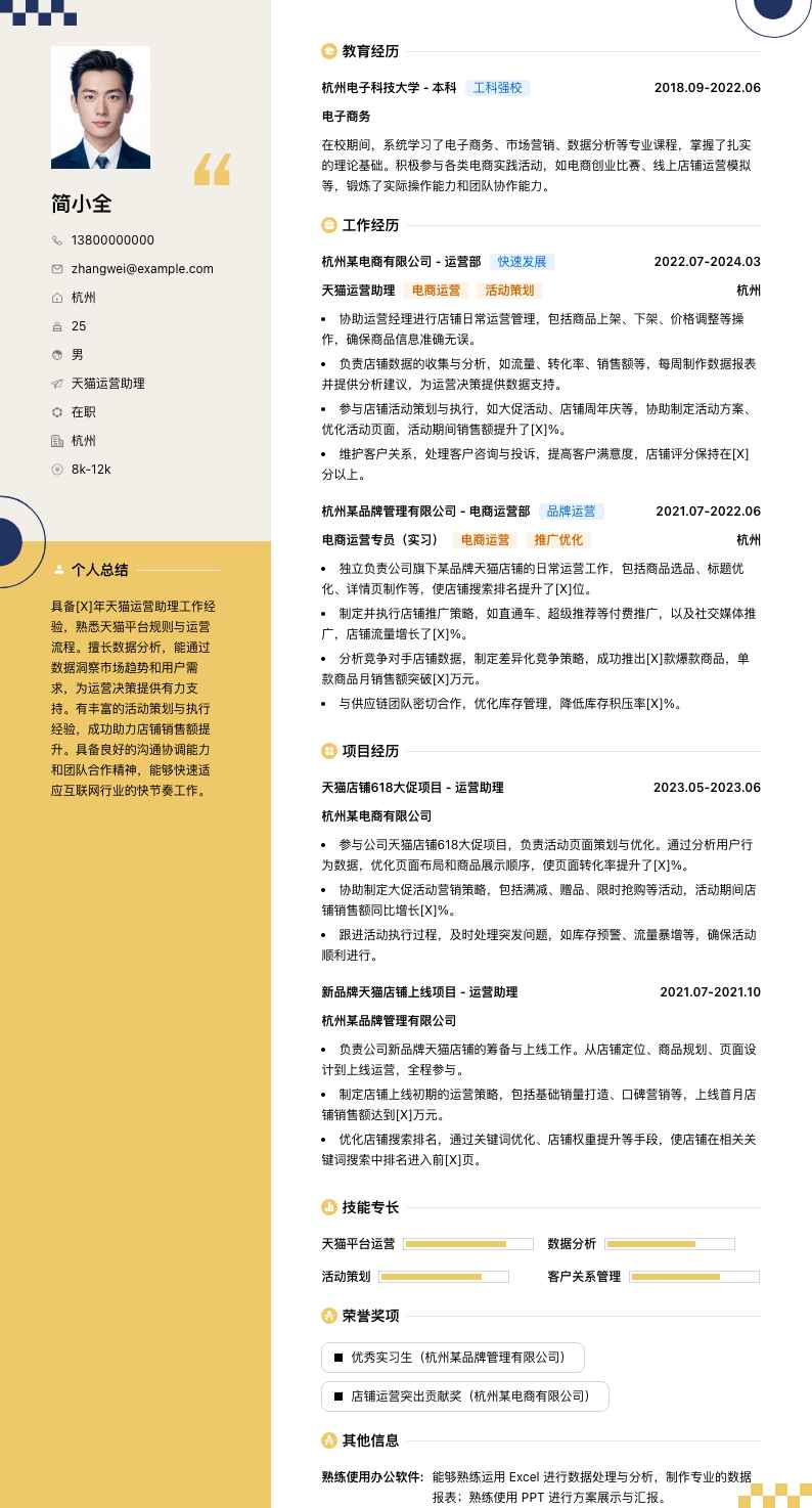 天猫运营助理简历模板