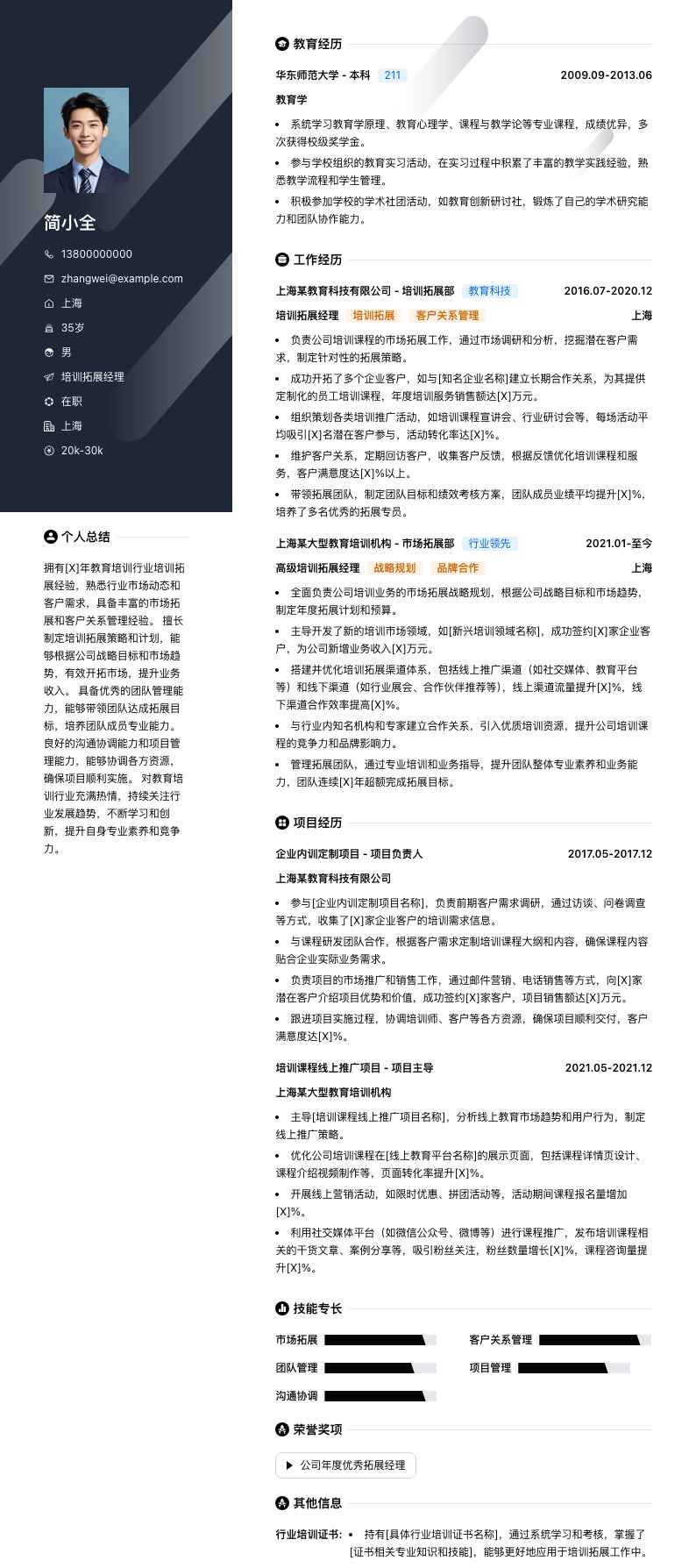 培训拓展经理简历模板