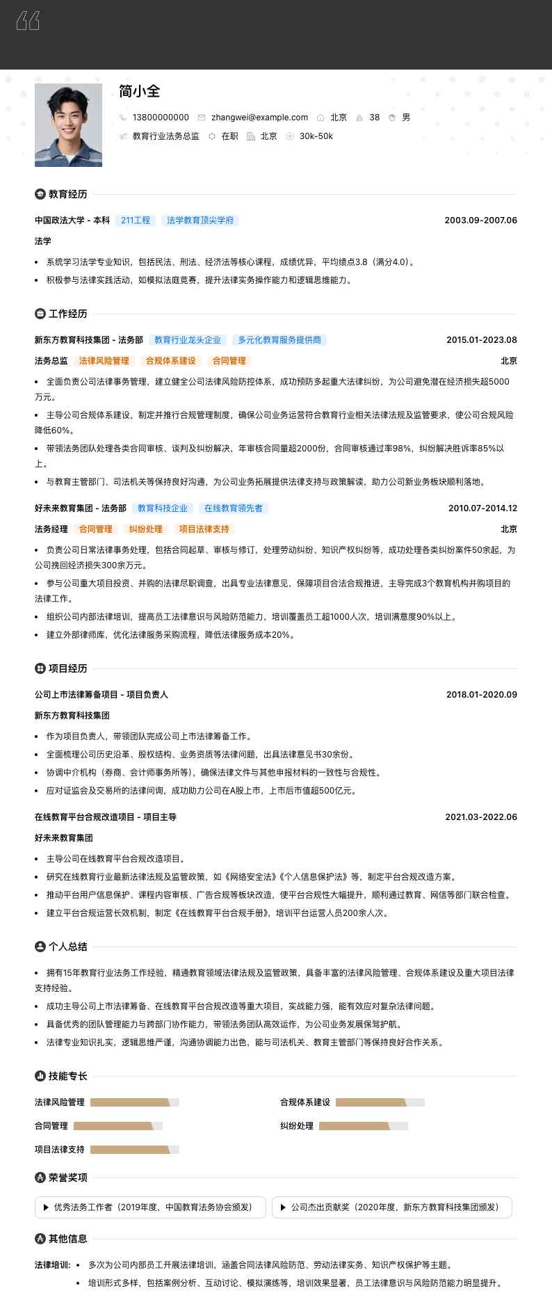 教育行业法务总监简历模板