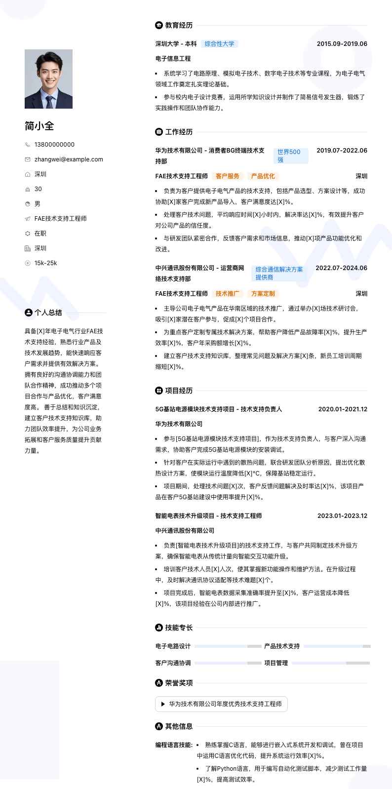 fae技术支持工程师简历模板