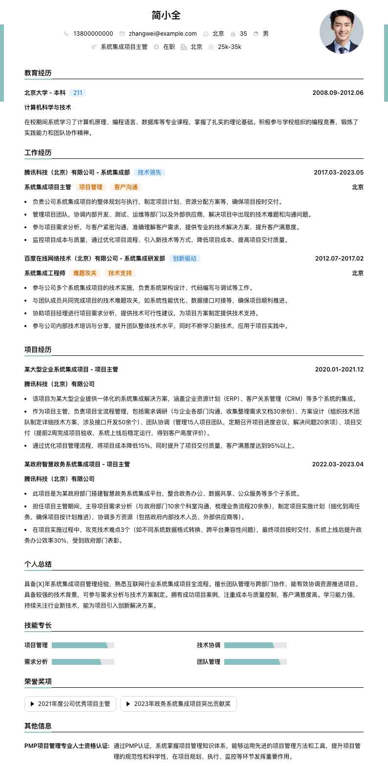 系统集成项目主管简历模板