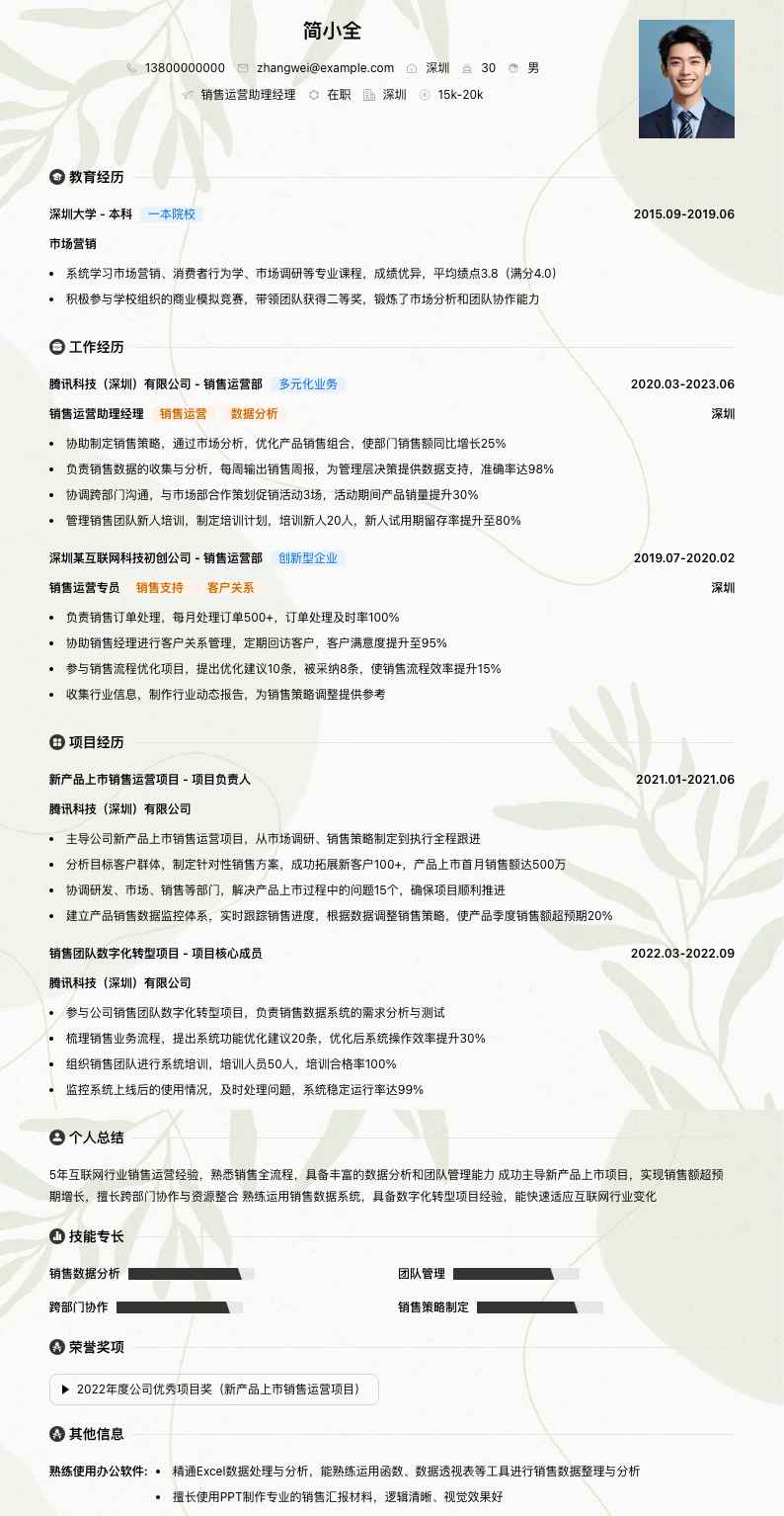 销售运营助理经理简历模板