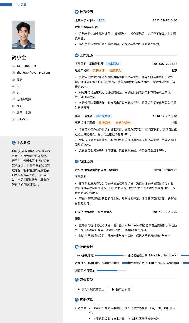 运维架构师简历模板