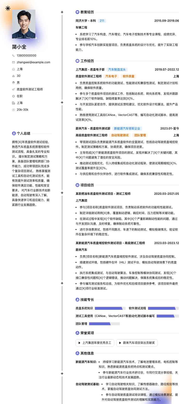 底盘软件测试工程师简历模板