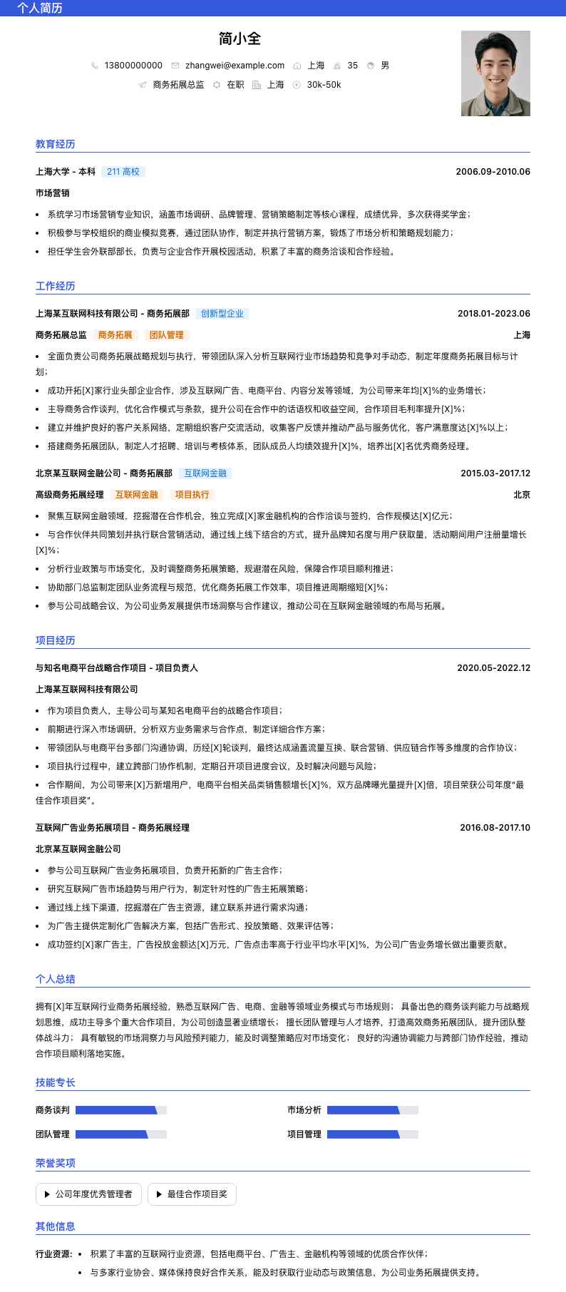 商务拓展总监简历模板