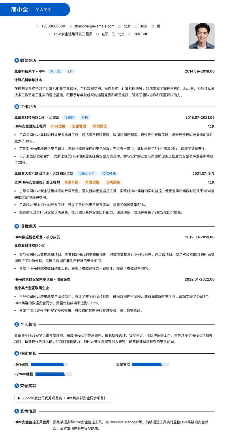 Hive安全运维简历模板