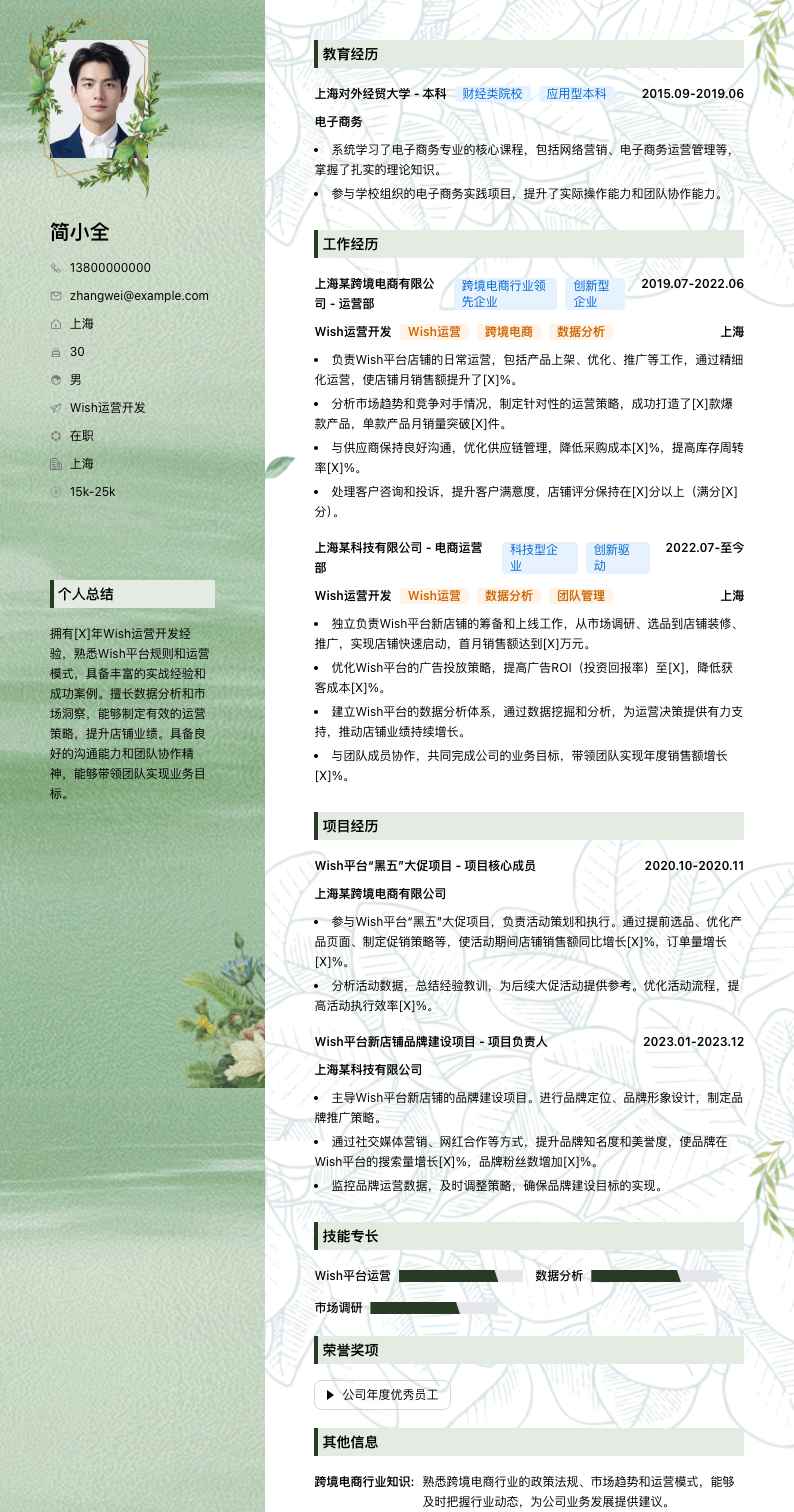 Wish运营简历模板