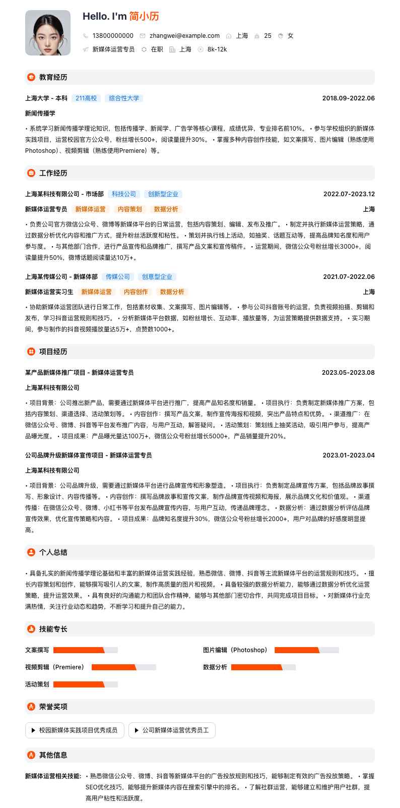 新媒体运营专员简历模板