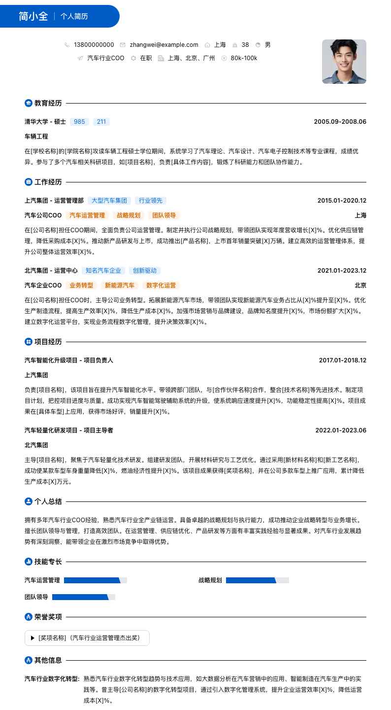 汽车行业COO简历模板