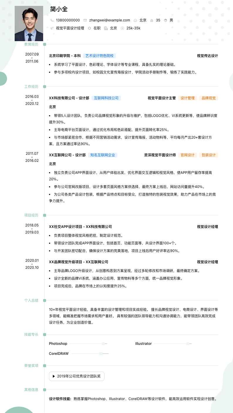 视觉平面设计经理简历模板