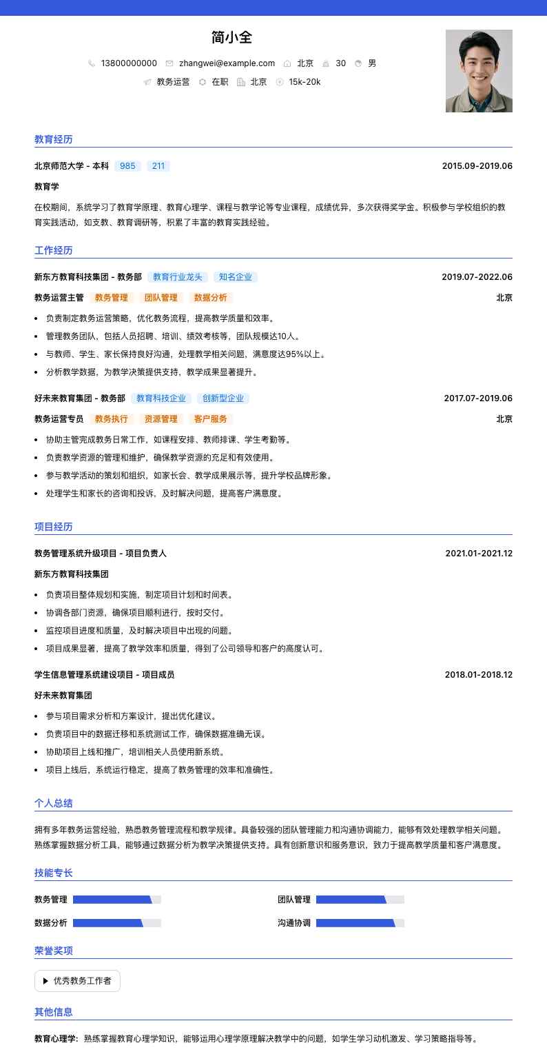 教务运营简历模板