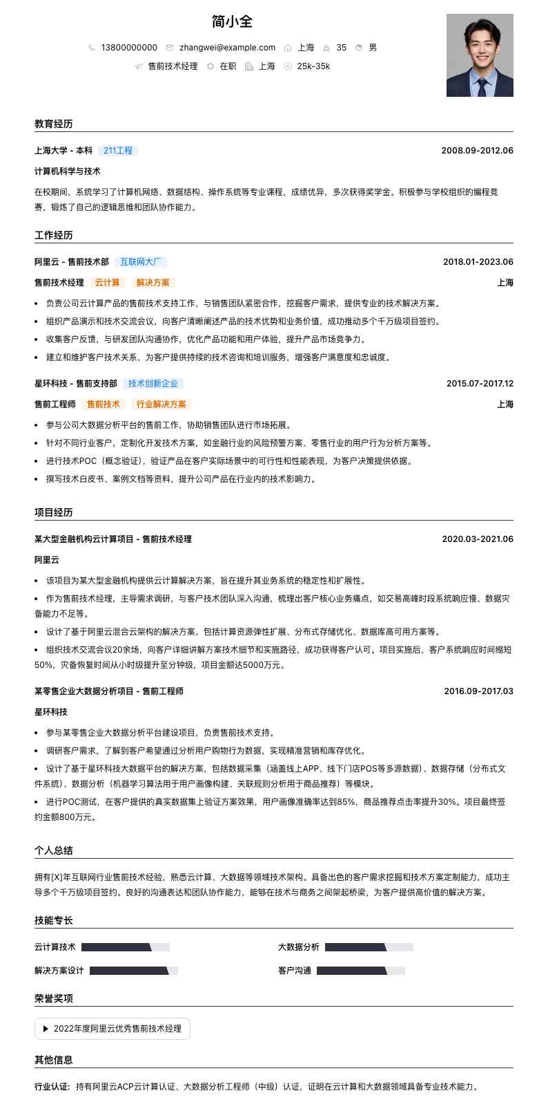 售前技术经理简历模板