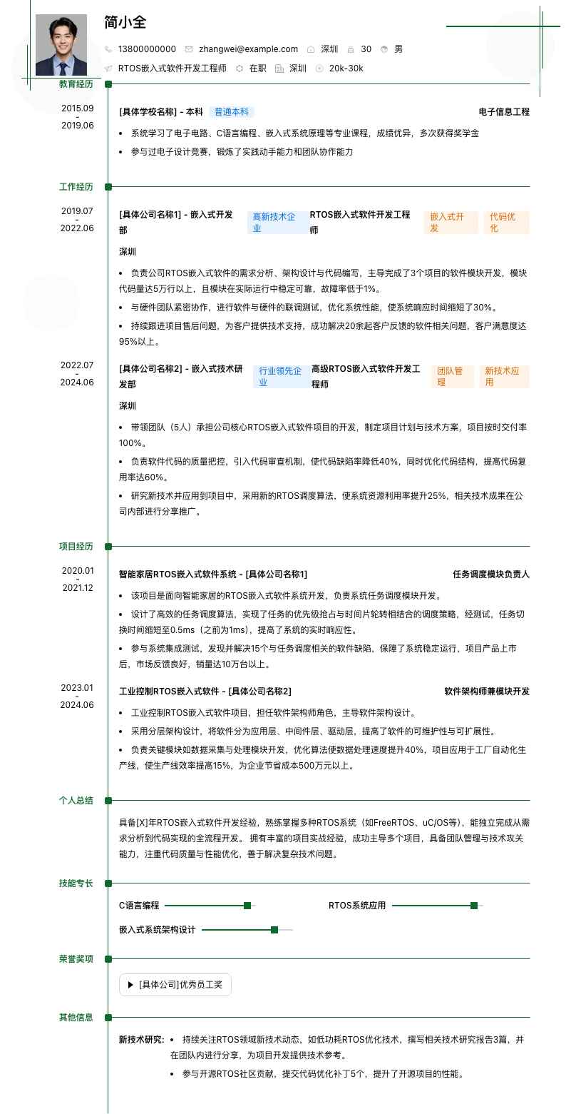 rtos嵌入式软件开发工程师简历模板