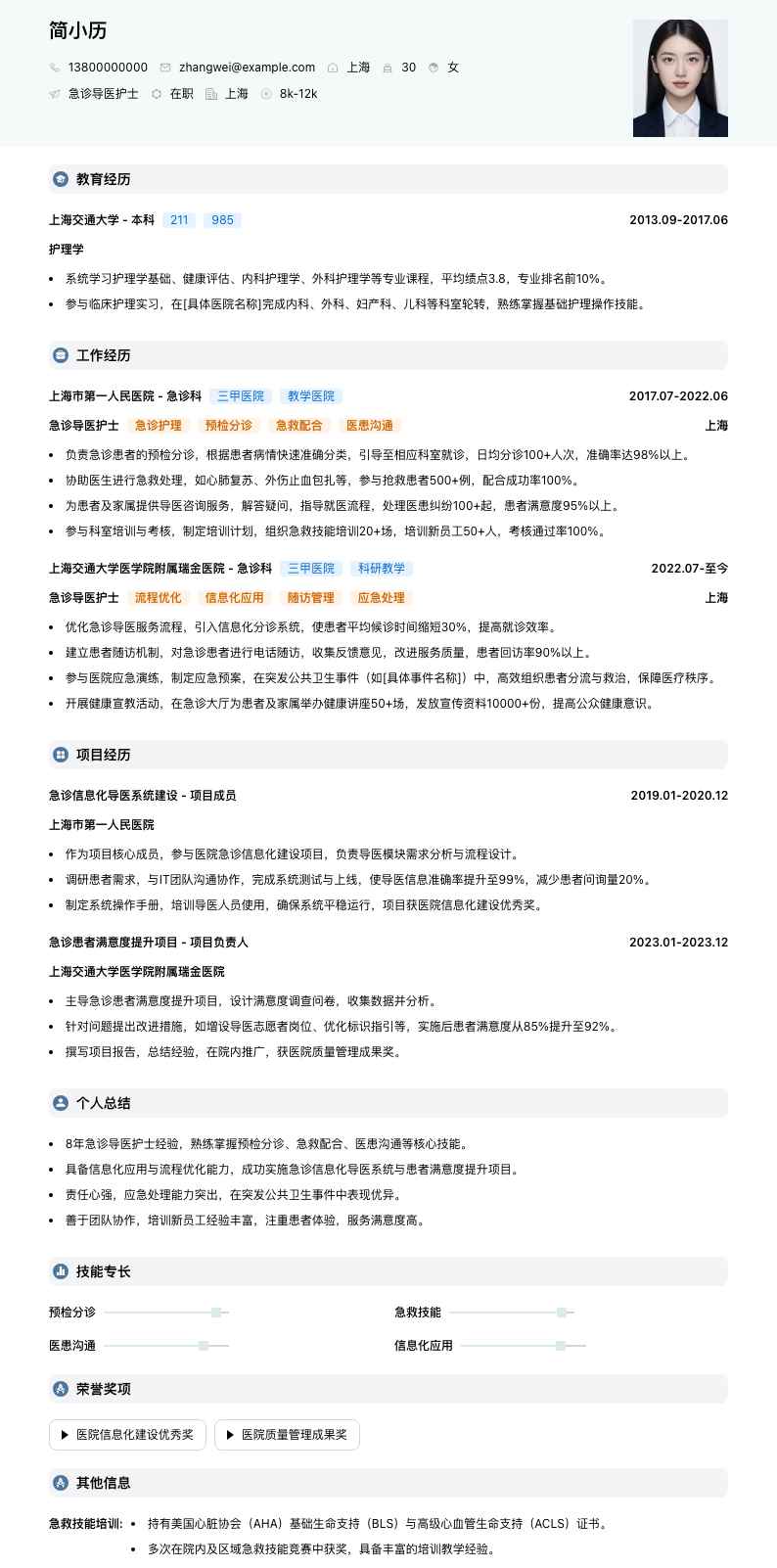 急诊导医护士简历模板