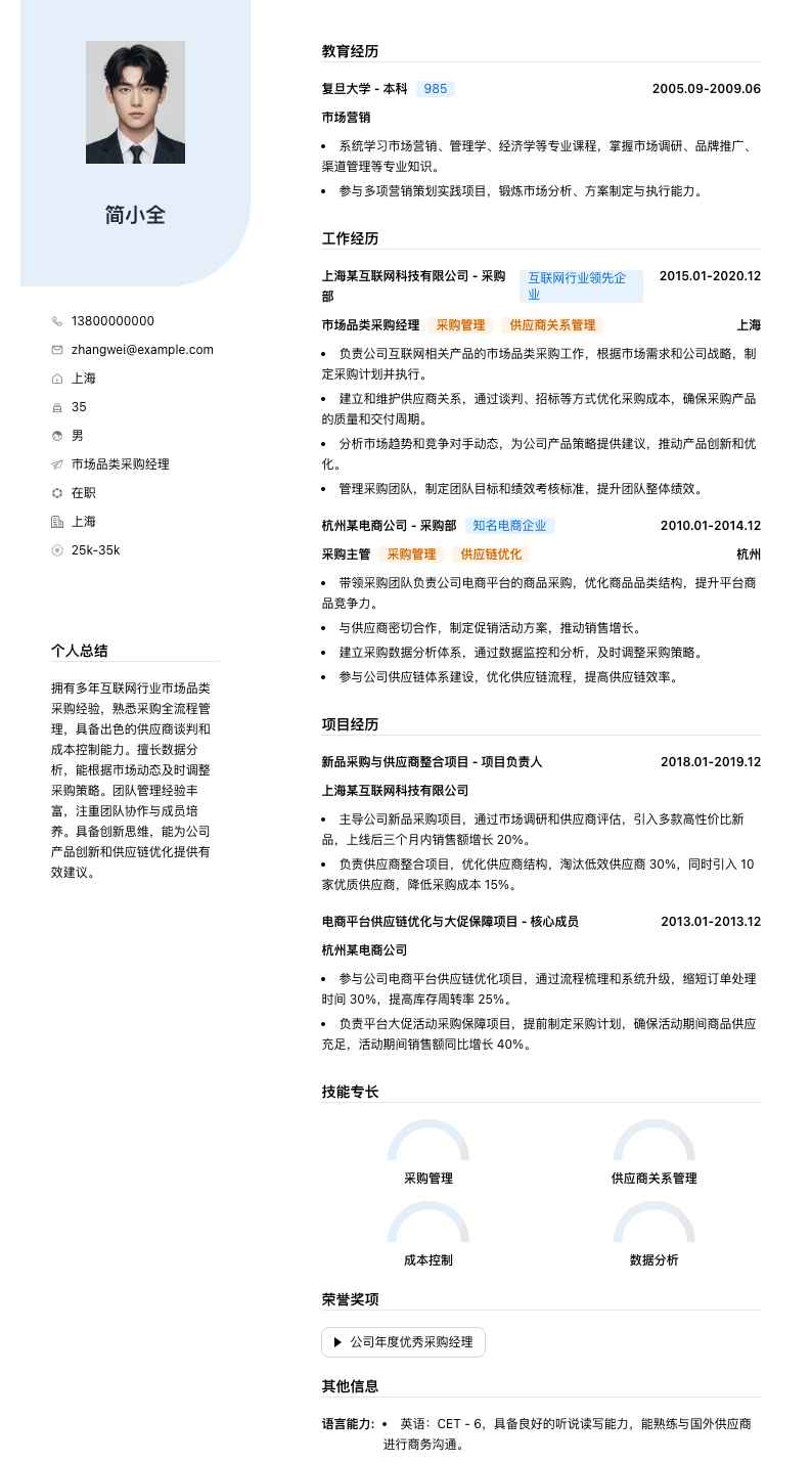 市场品类采购经理简历模板