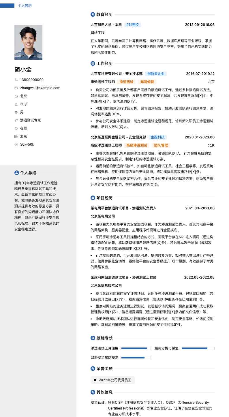 渗透测试专家简历模板