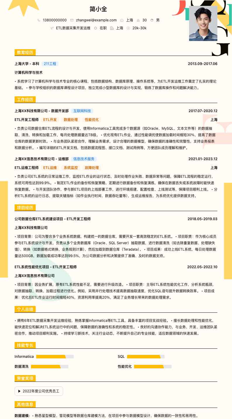 ETL数据采集开发运维简历模板