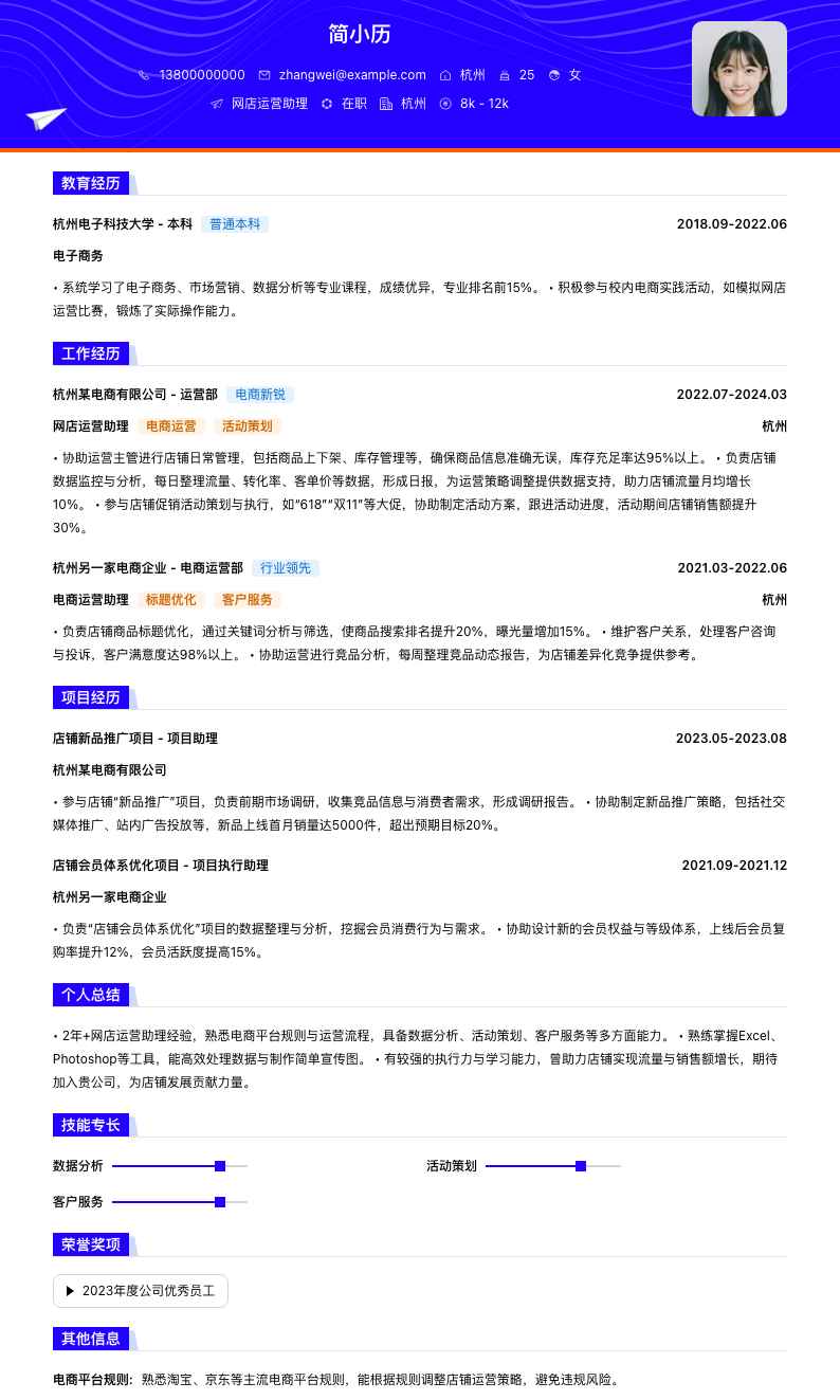 网店运营助理简历模板