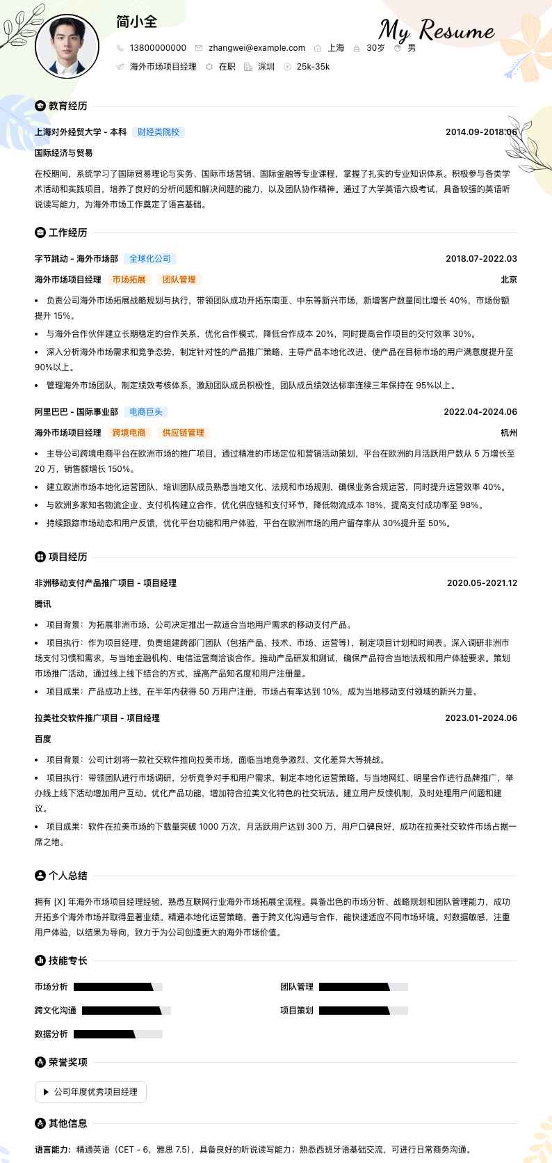 海外市场项目经理简历模板