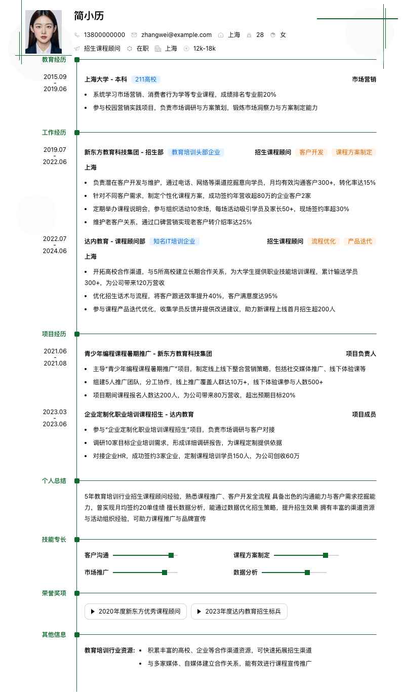 招生课程顾问简历模板