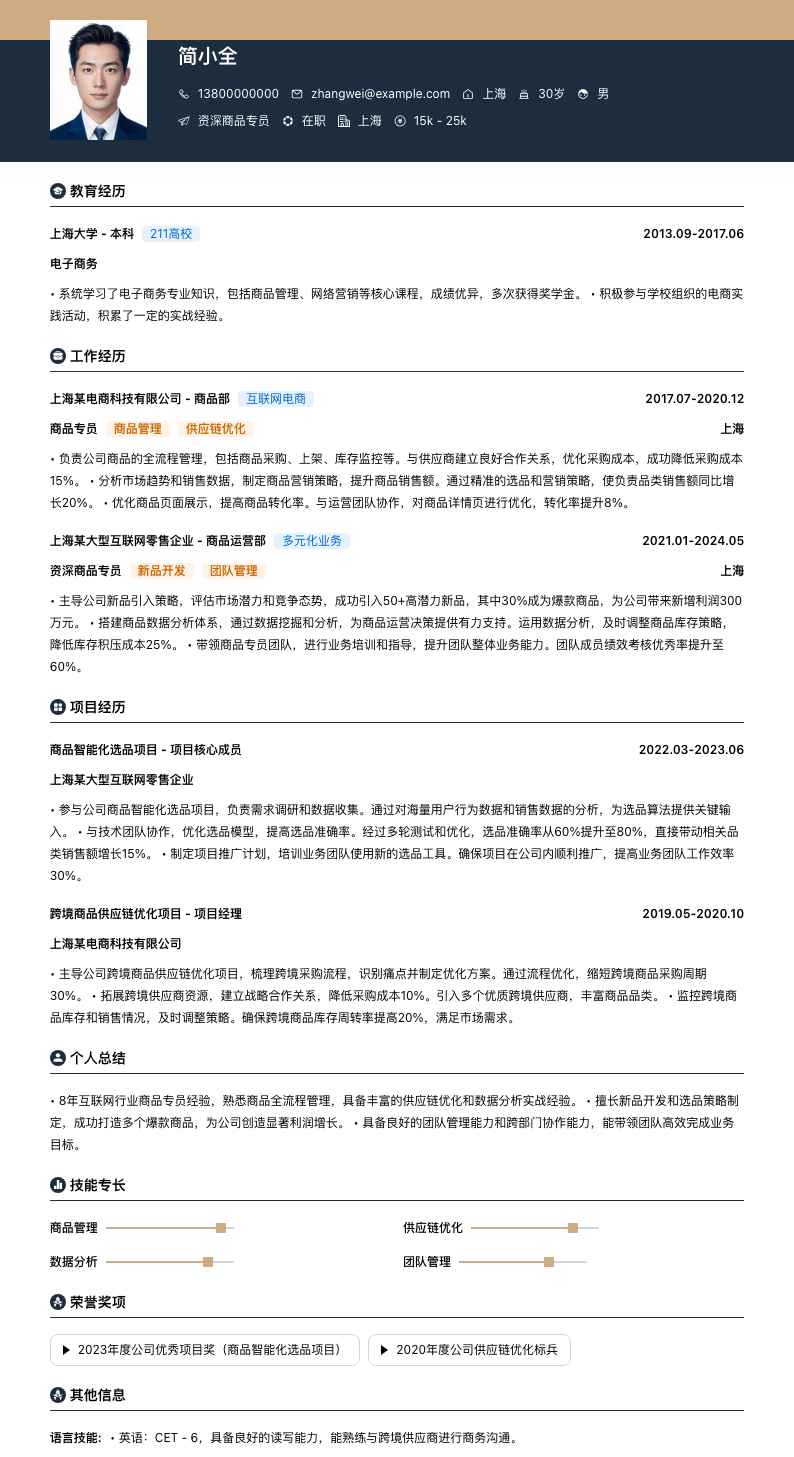 资深商品专员简历模板