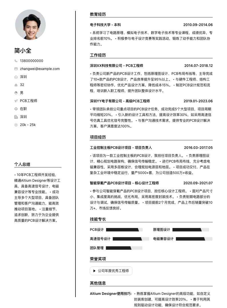 PCB工程师简历模板