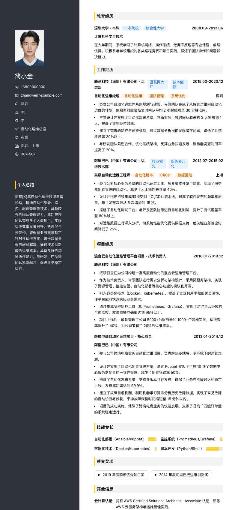 自动化运维总监简历模板