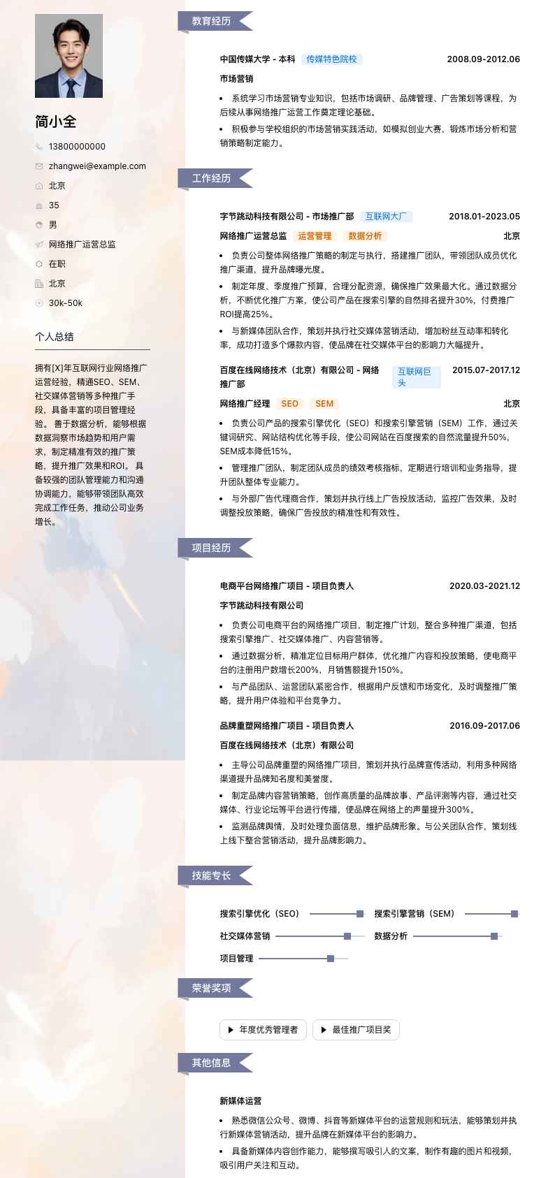 网络推广运营总监简历模板